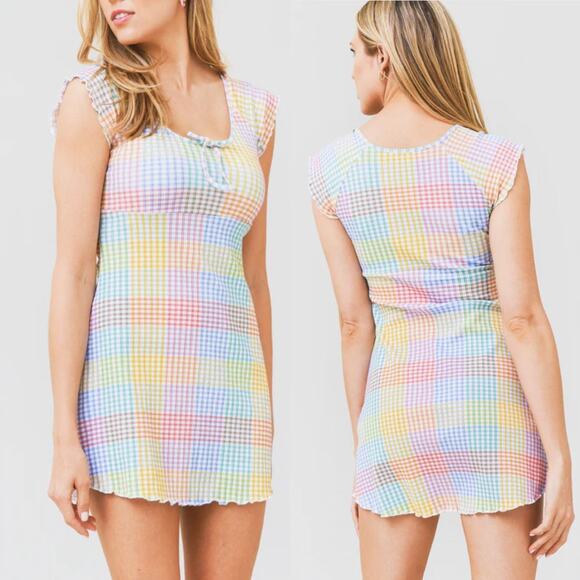 Loveshackfancy Zoie Mini Dress Small Rainbow Pastel Gingham Colorful Coquette - Picture 1 of 16